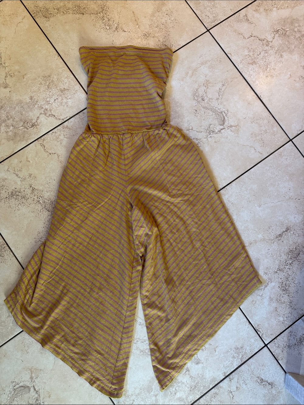 Striped Strapless Wide-Leg Jumpsuit in Mustard and Mauve